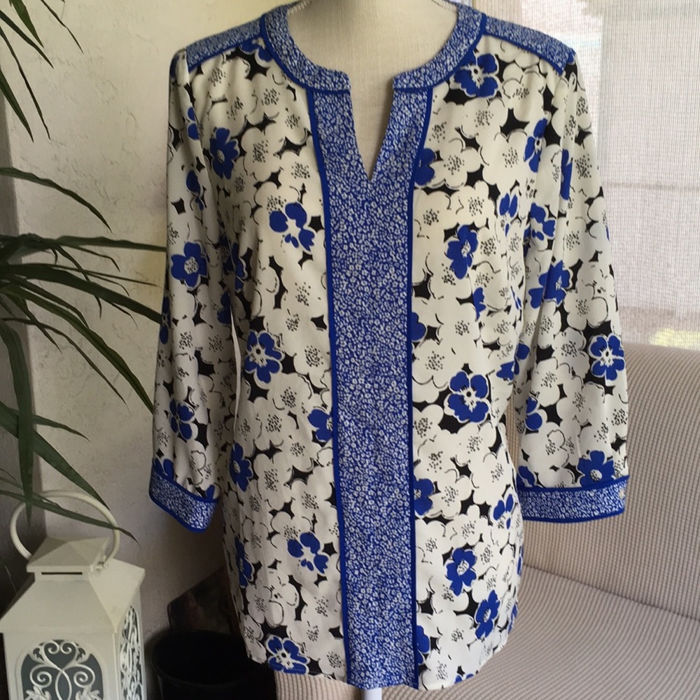 Talbots Petites Blue/Ivory Tunic Top